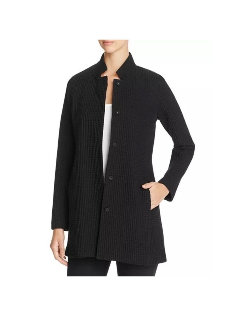 Eileen Fisher Stand Collar Waffle Knit Jacket SZ M Black Longer Length